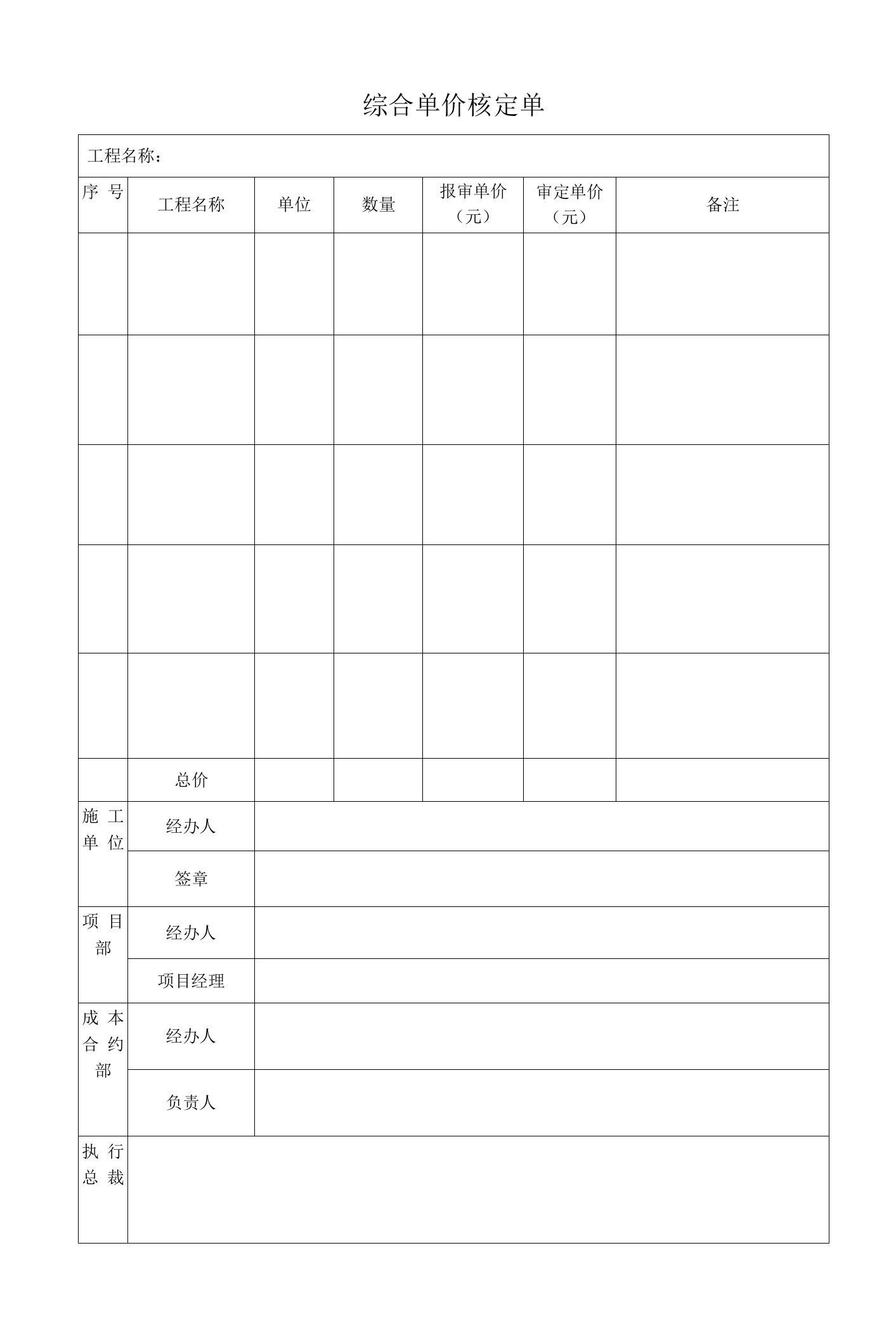 综合单价核定单