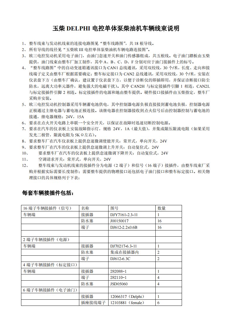 玉柴DELPHI电控单体泵系统车辆线束接线图