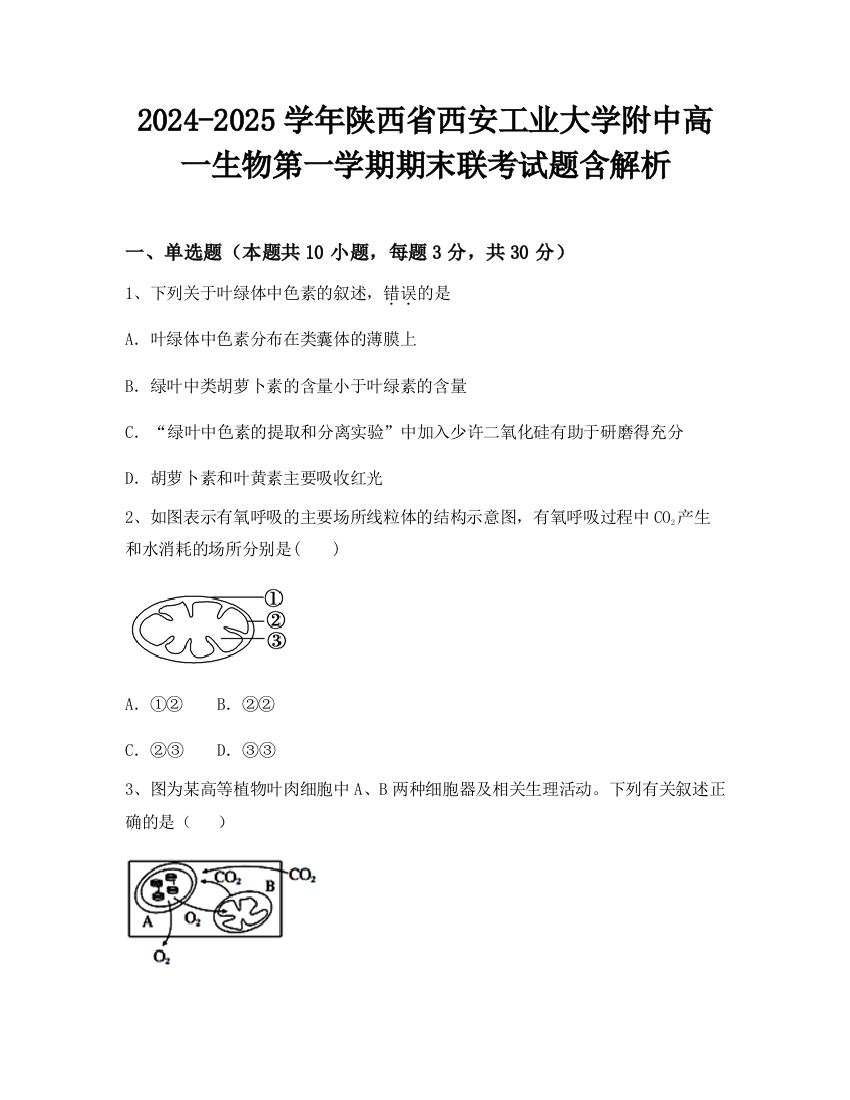 2024-2025学年陕西省西安工业大学附中高一生物第一学期期末联考试题含解析