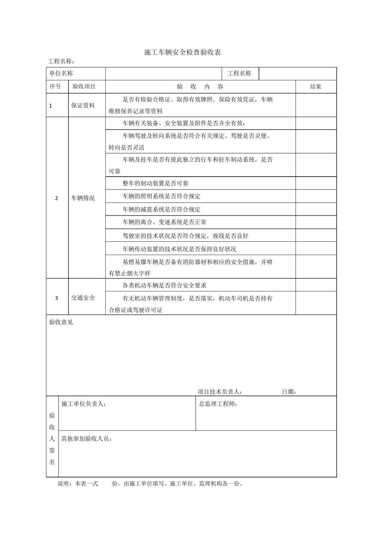 施工车辆安全检查验收表