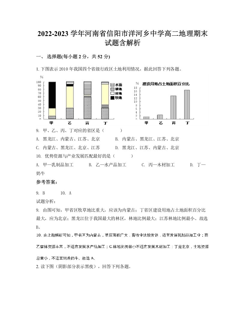 2022-2023学年河南省信阳市洋河乡中学高二地理期末试题含解析