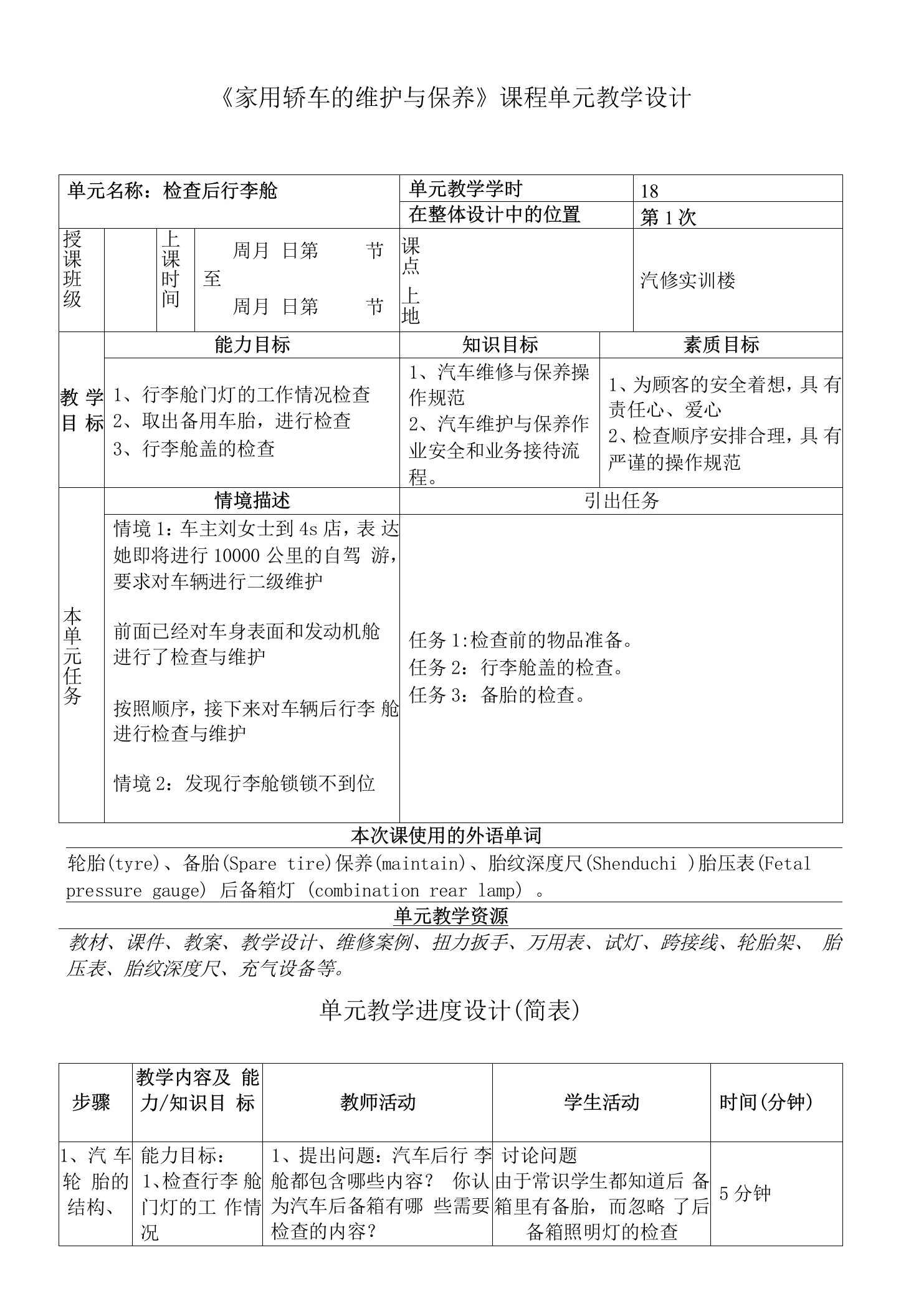 《家用轿车的维护与保养》课程单元教学设计