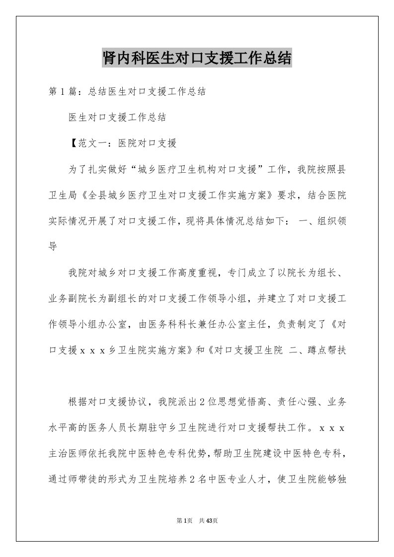 肾内科医生对口支援工作总结