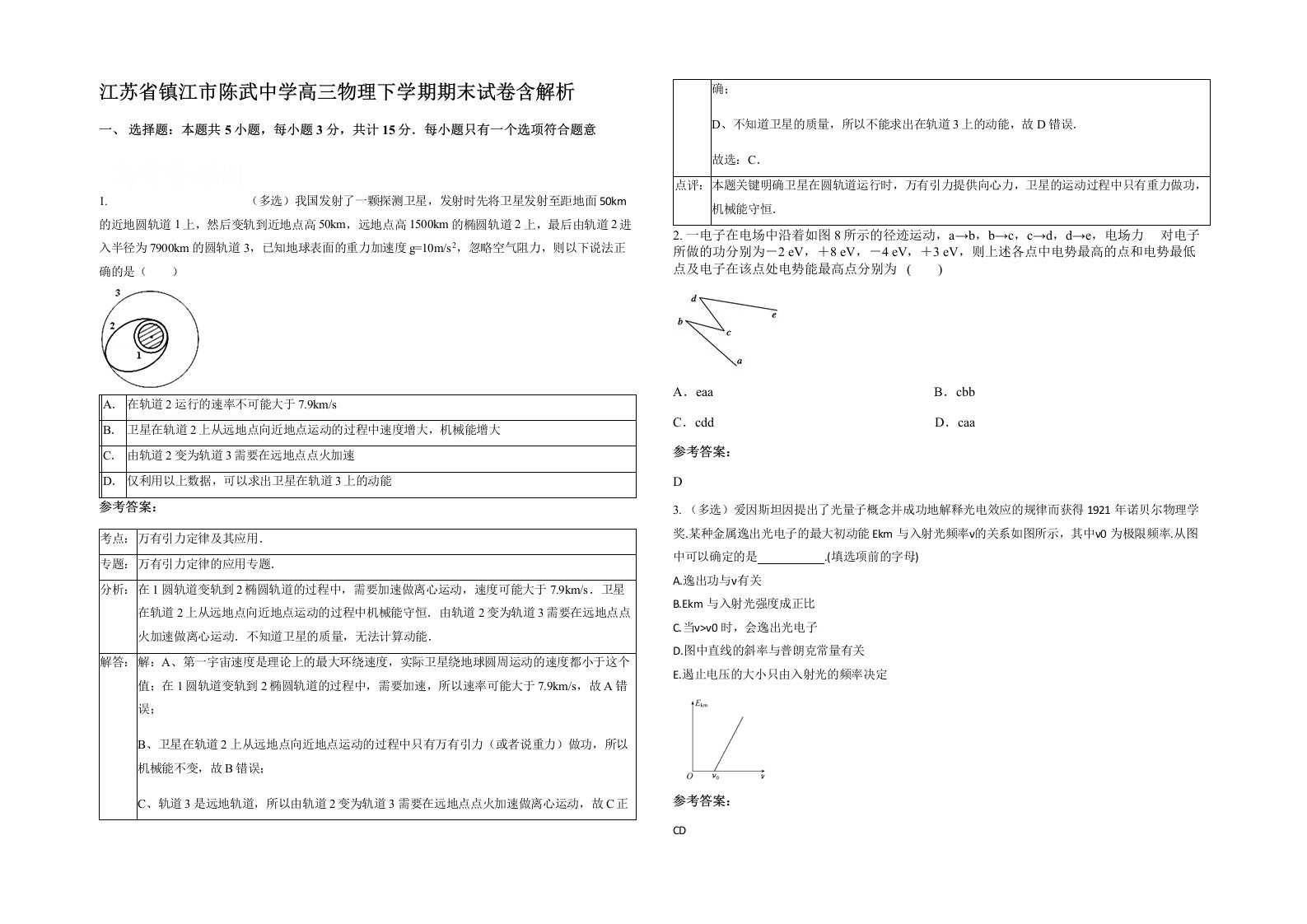 江苏省镇江市陈武中学高三物理下学期期末试卷含解析