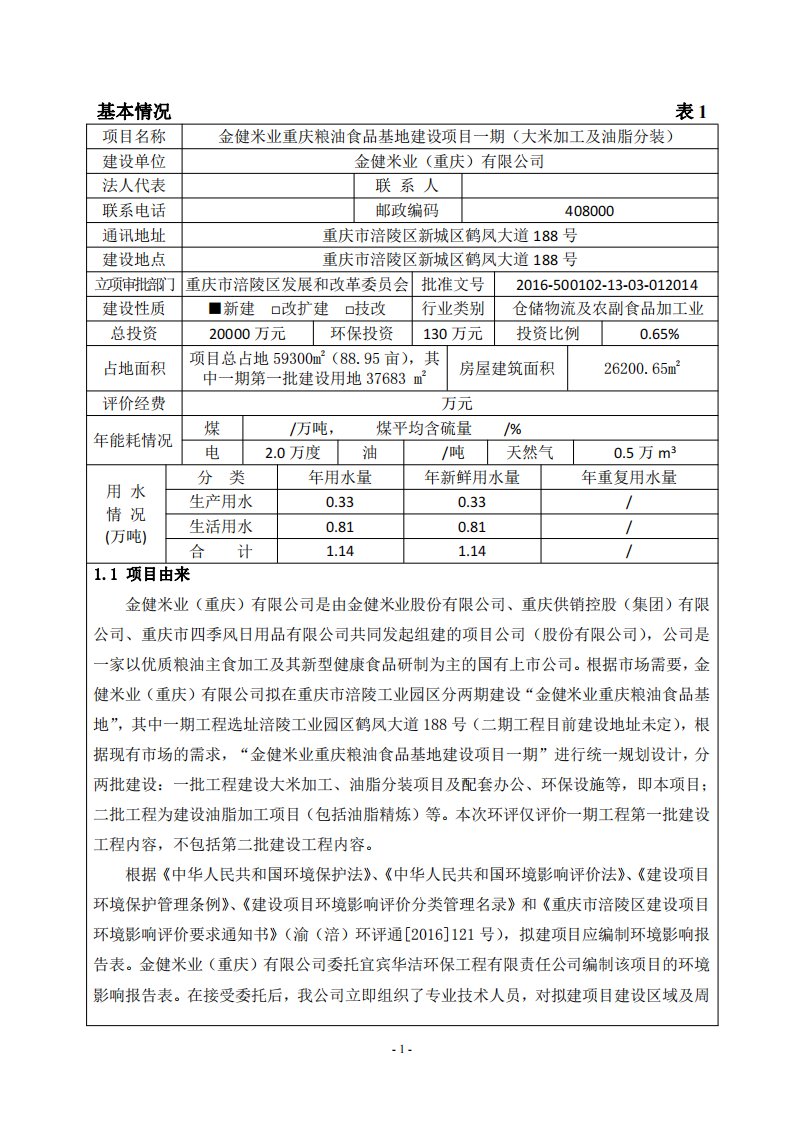 环境影响评价报告公示：金健米业重庆粮油食品基地建设项目一期（大米加工及油脂分装）环评报告