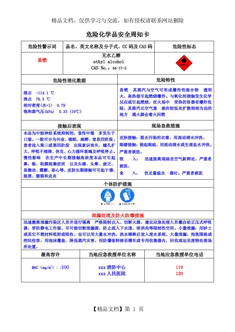 乙醇安全周知卡(危化品)