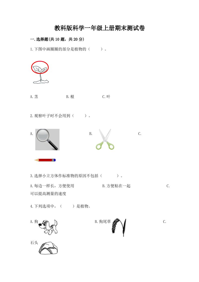 教科版科学一年级上册期末测试卷附完整答案（各地真题）