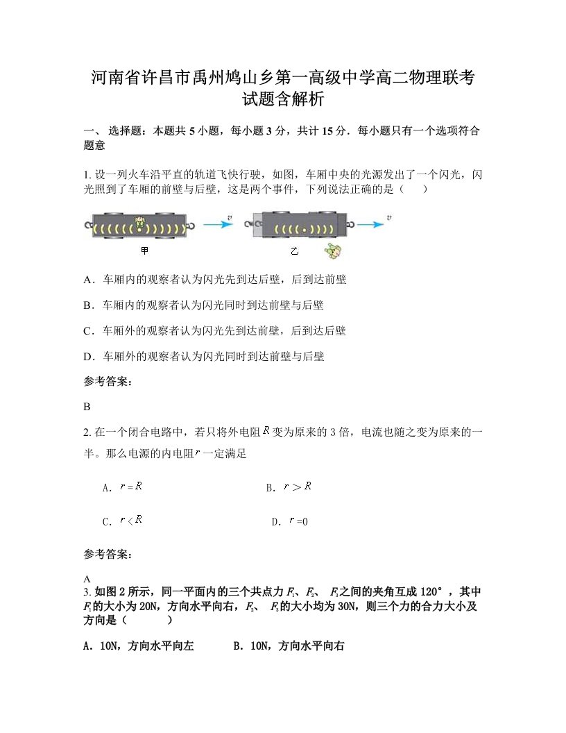 河南省许昌市禹州鸠山乡第一高级中学高二物理联考试题含解析