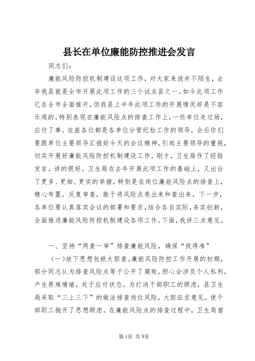 县长在单位廉能防控推进会发言