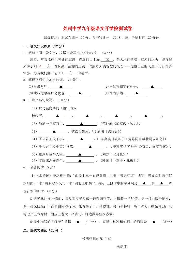 九年级语文上学期开学检测试题新人教版