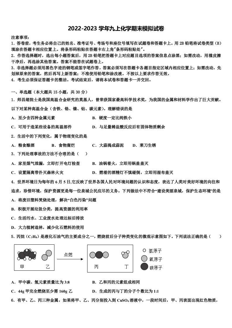 2022年广东省东莞市长安实验中学九年级化学第一学期期末综合测试模拟试题含解析