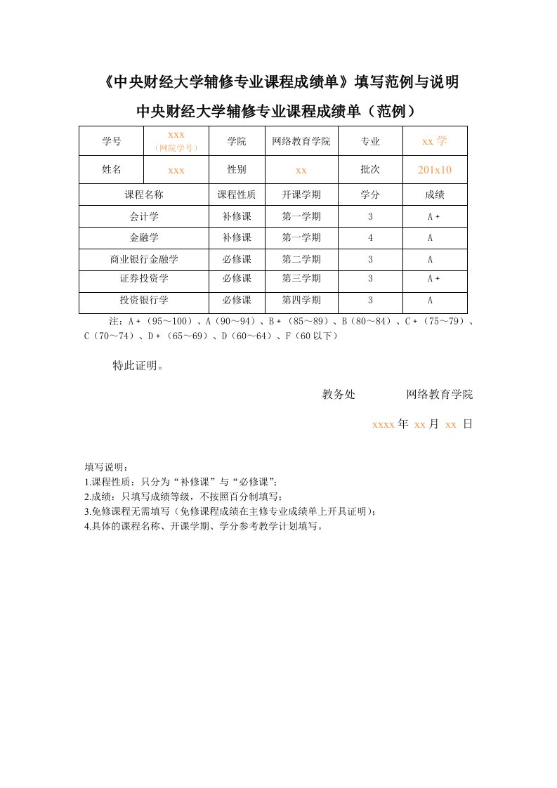 《中央财经大学辅修专业课程成绩单》填写范例与说明