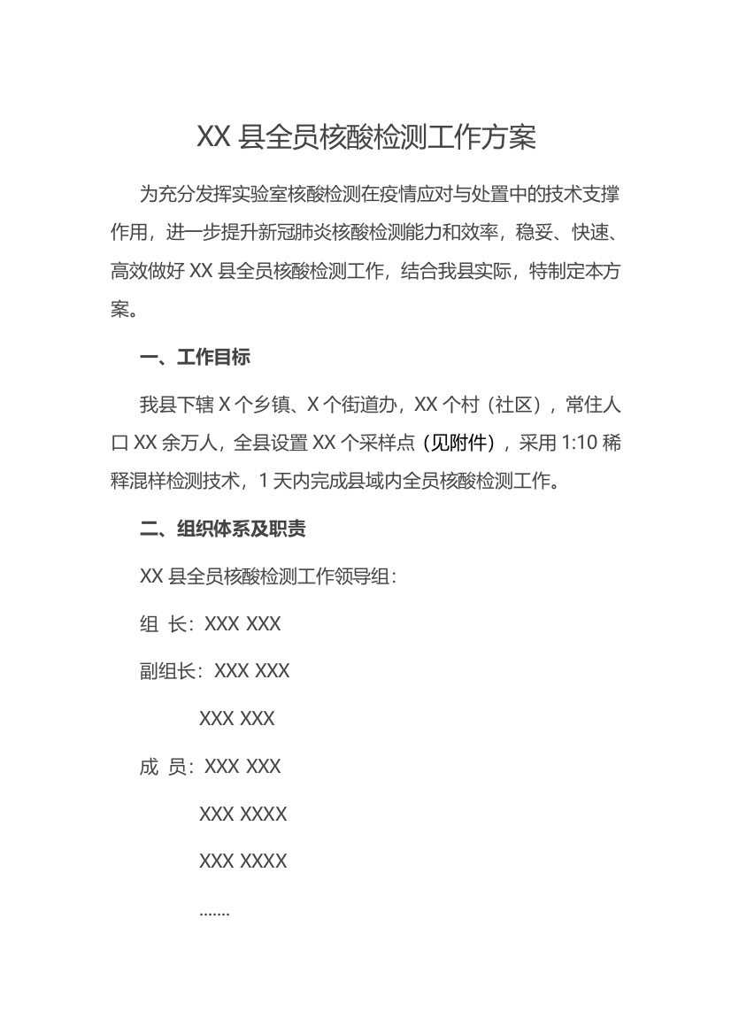 【计划方案】XX县全员核酸检测工作方案【更多资料请加微信：1547000】