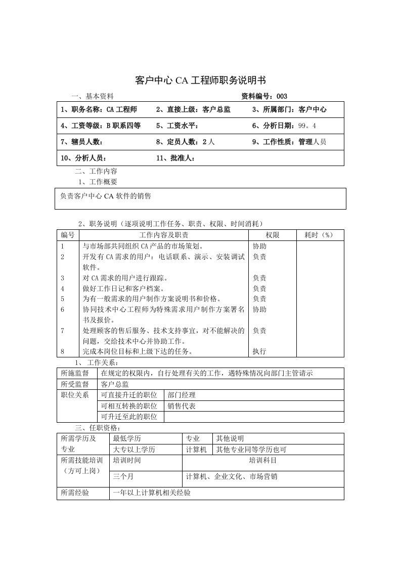 客户中心CA工程师职务说明书