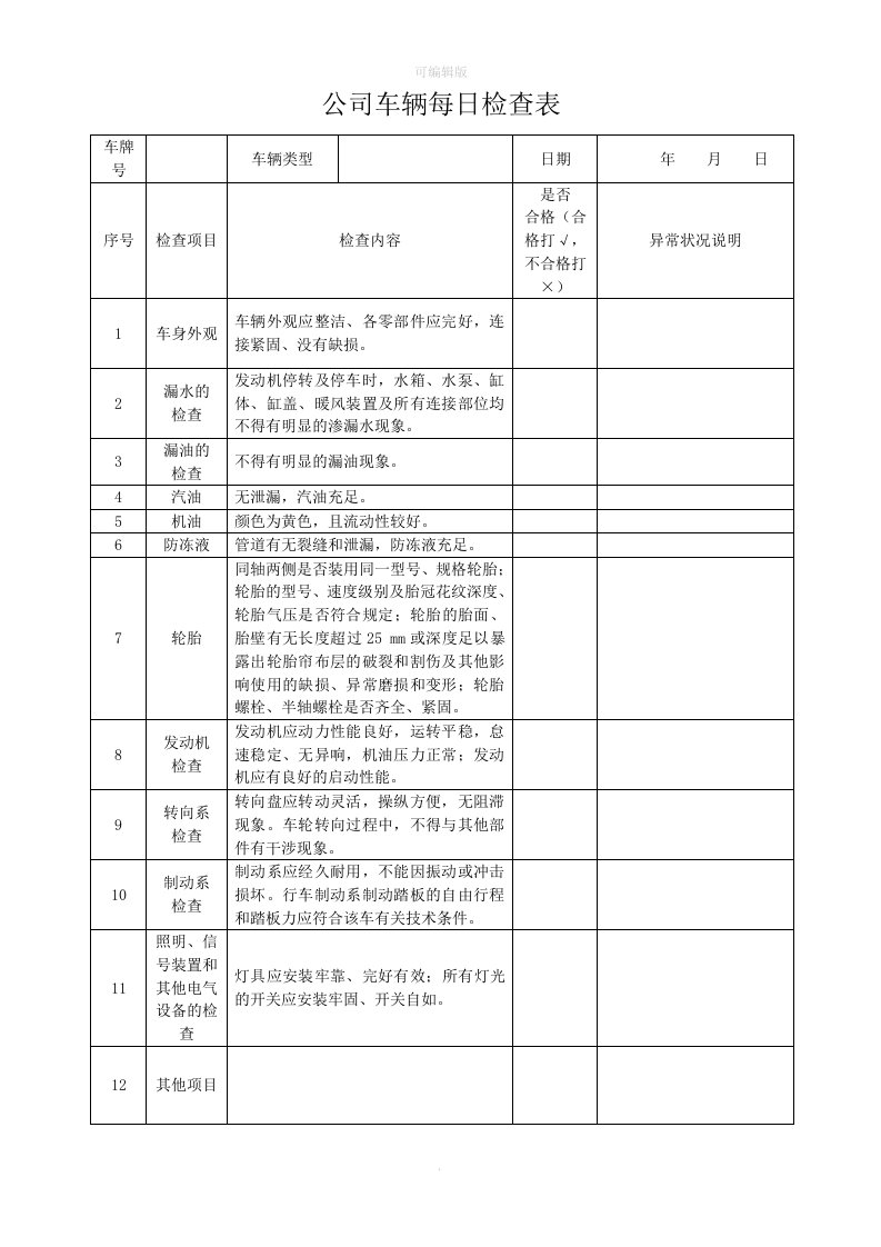 公司车辆每日检查表