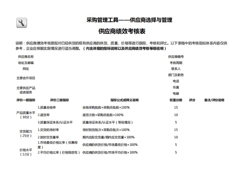 公司供应商绩效考核评价表EXCEL模板