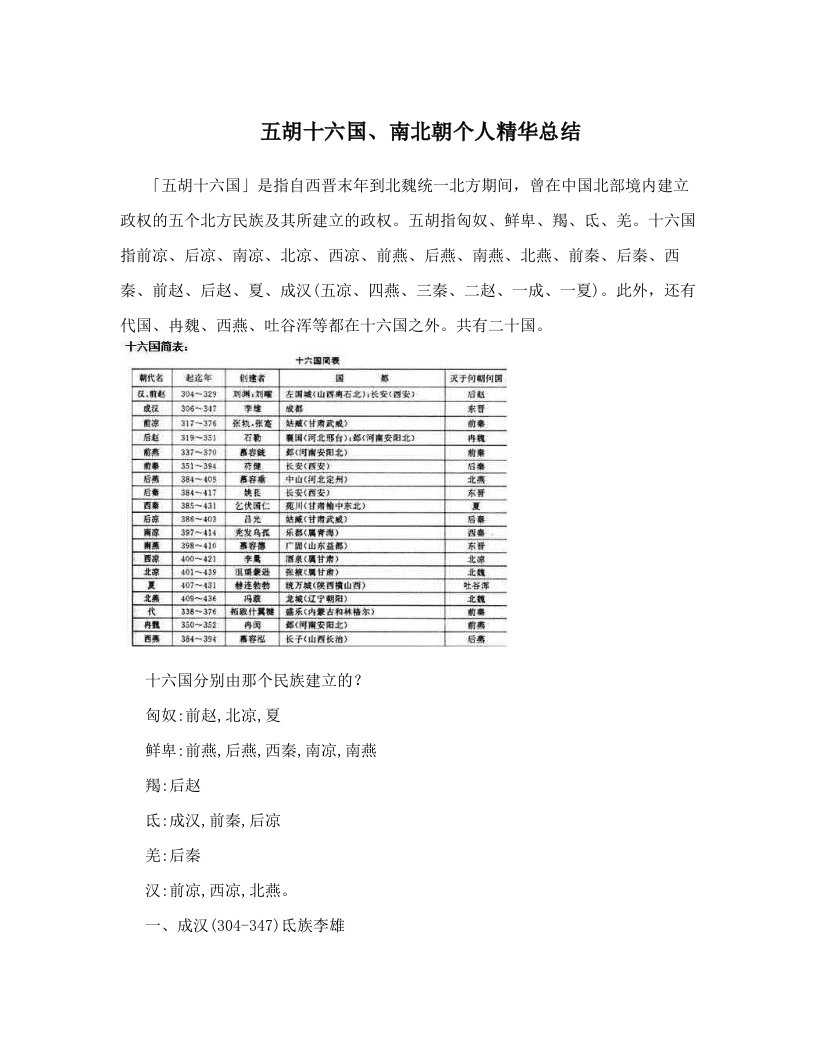 五胡十六国、南北朝个人精华总结