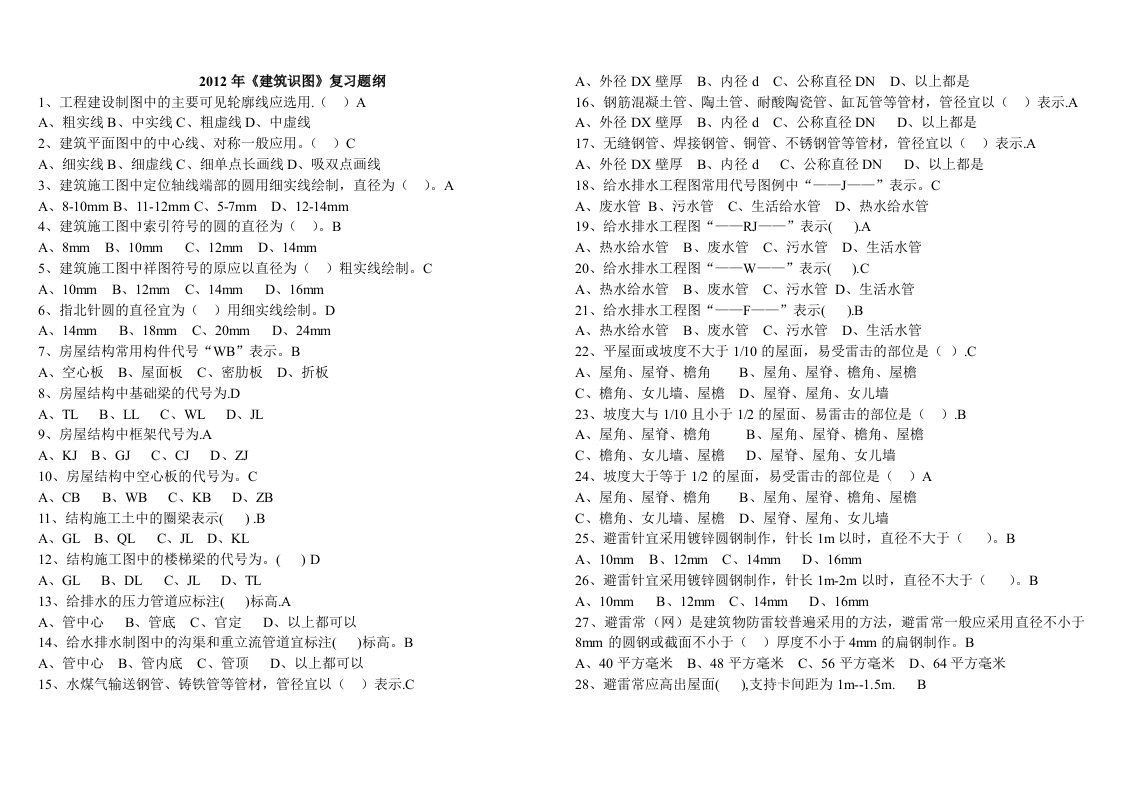 2012年《建筑识图》复习题纲含答案