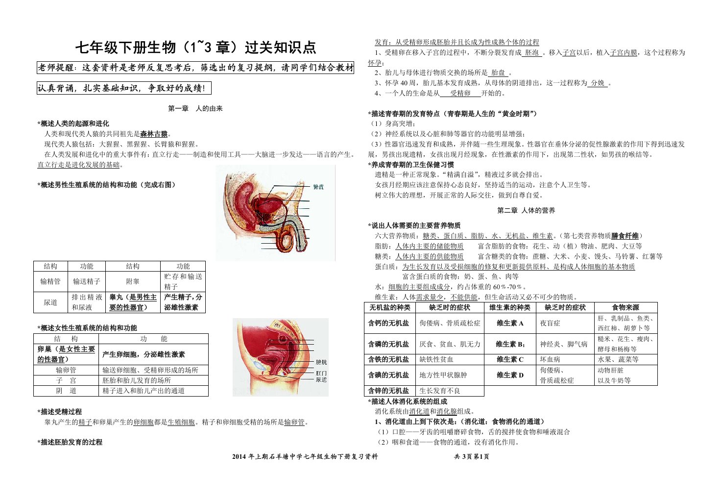 七年级下册生物1~3章知识点过关