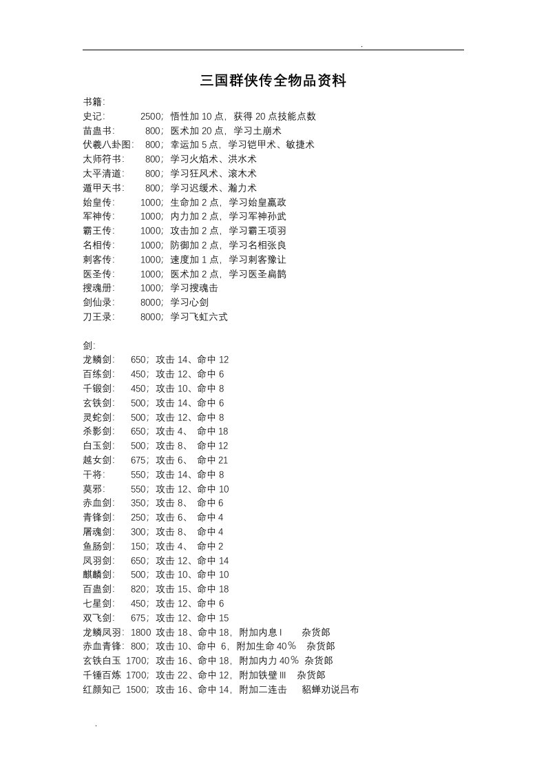 三国群侠传全物品资料