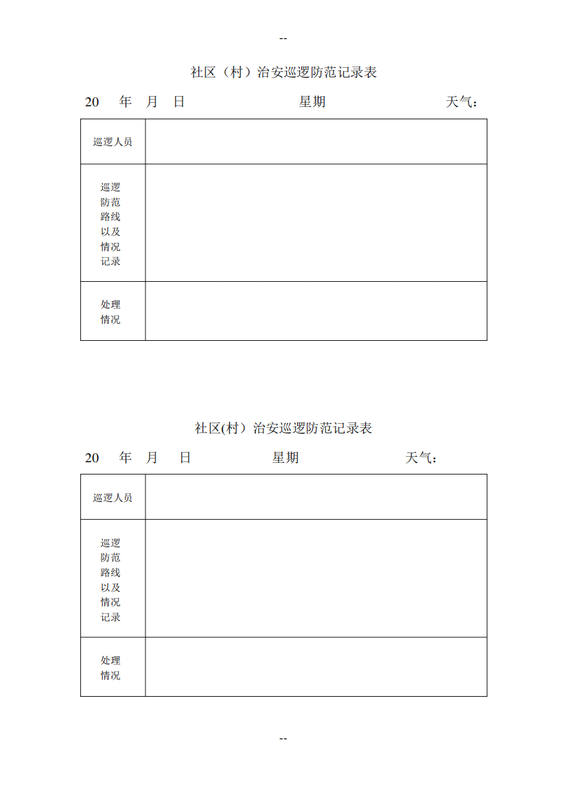 社区(村)治安巡逻防范记录表