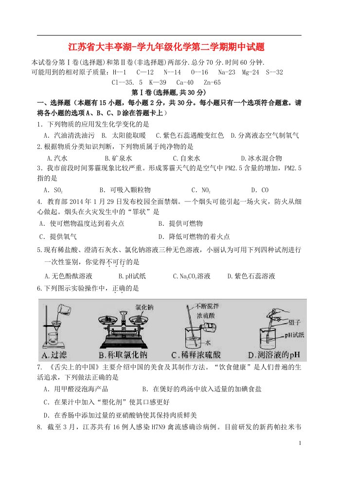 江苏省大丰亭湖学九级化学第二学期期中试题