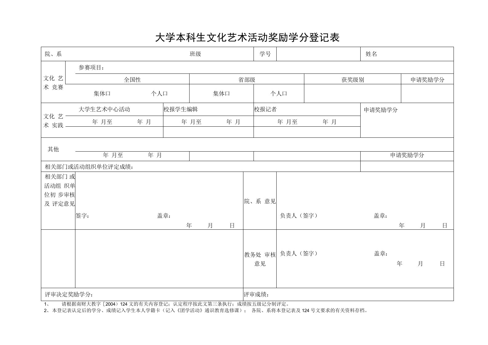 《文化与艺术奖励学分登记表》