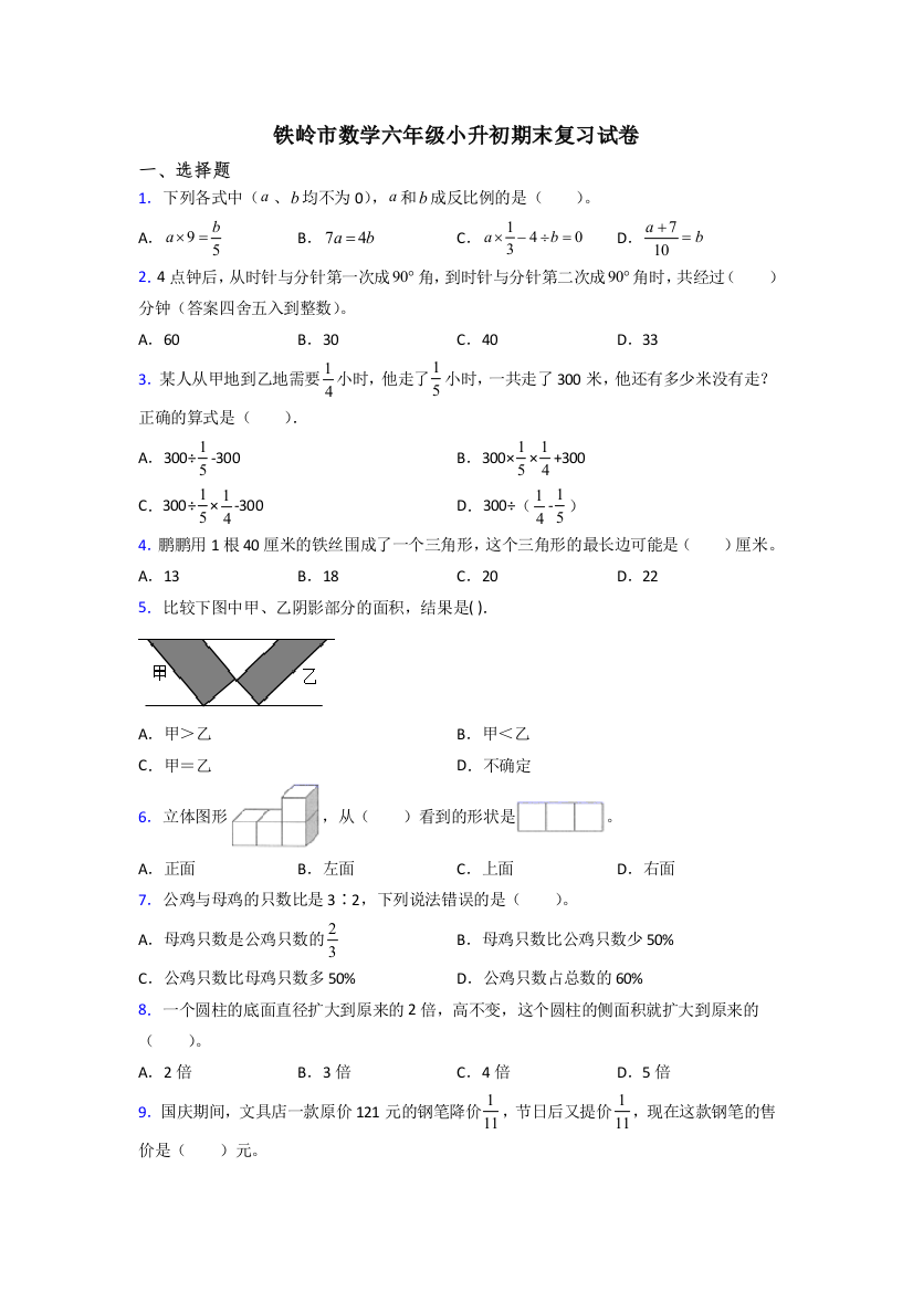 铁岭市数学六年级小升初期末复习试卷