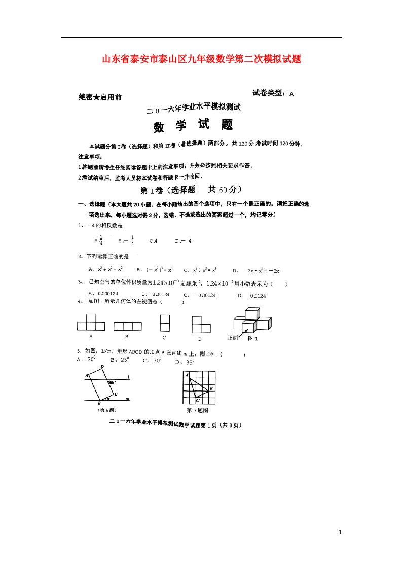 山东省泰安市泰山区九级数学第二次模拟试题（扫描版）