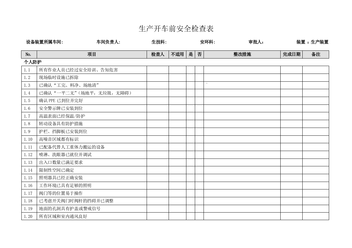 化工生产装置开车前检查表