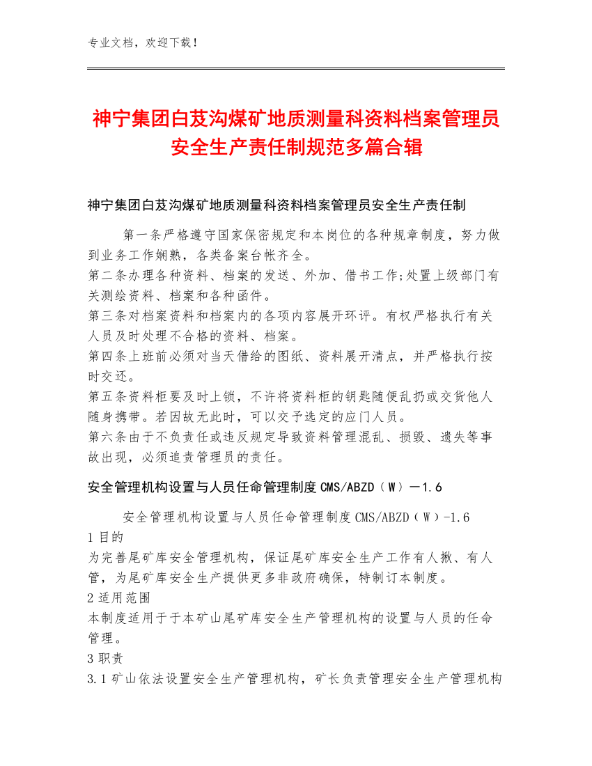 神宁集团白芨沟煤矿地质测量科资料档案管理员安全生产责任制规范多篇合辑