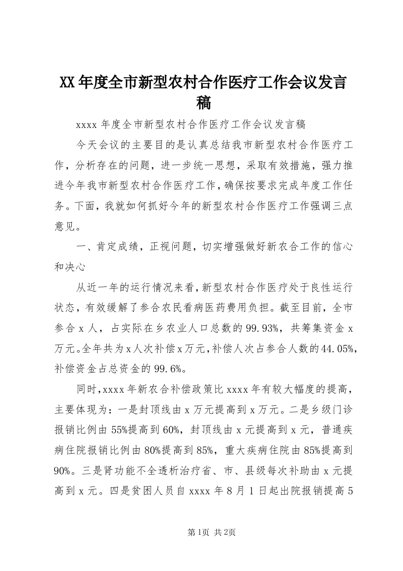 XX年度全市新型农村合作医疗工作会议发言稿