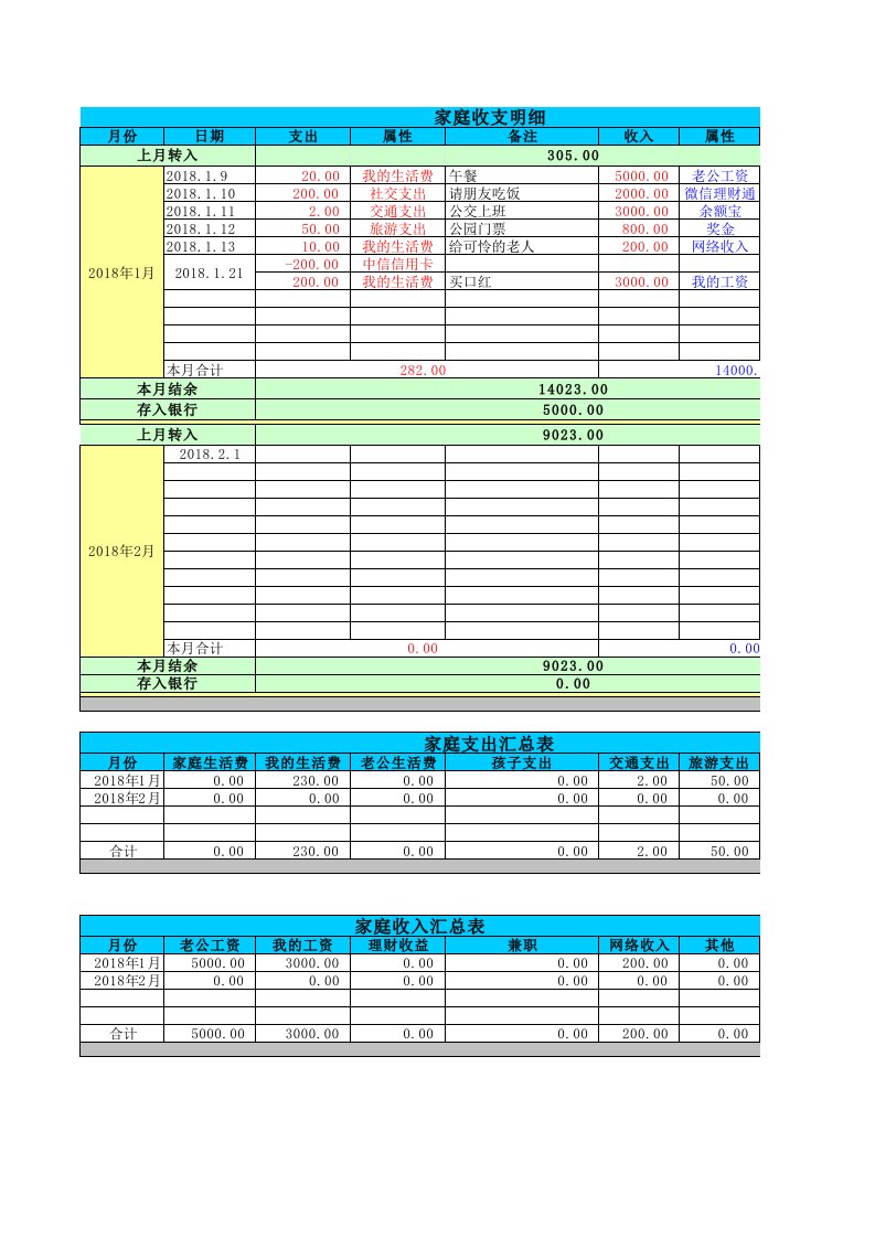 简洁明了家庭收支记账表格-2018版