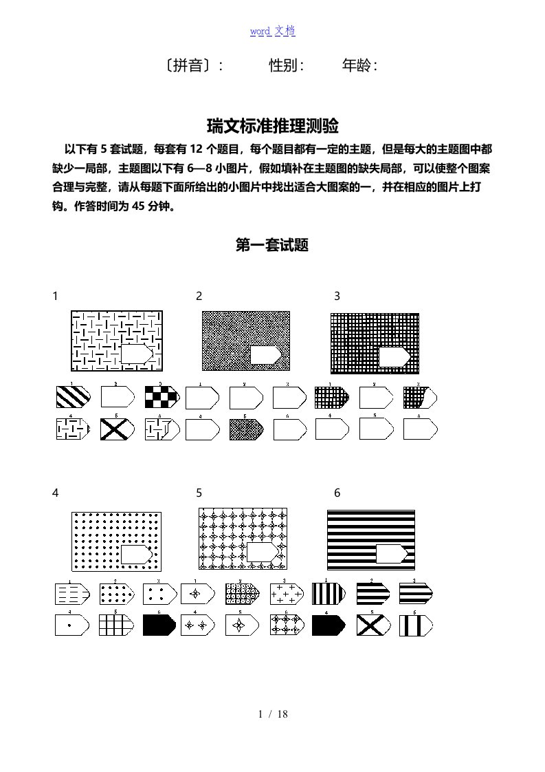 瑞文实用标准推理测验(网上下载)