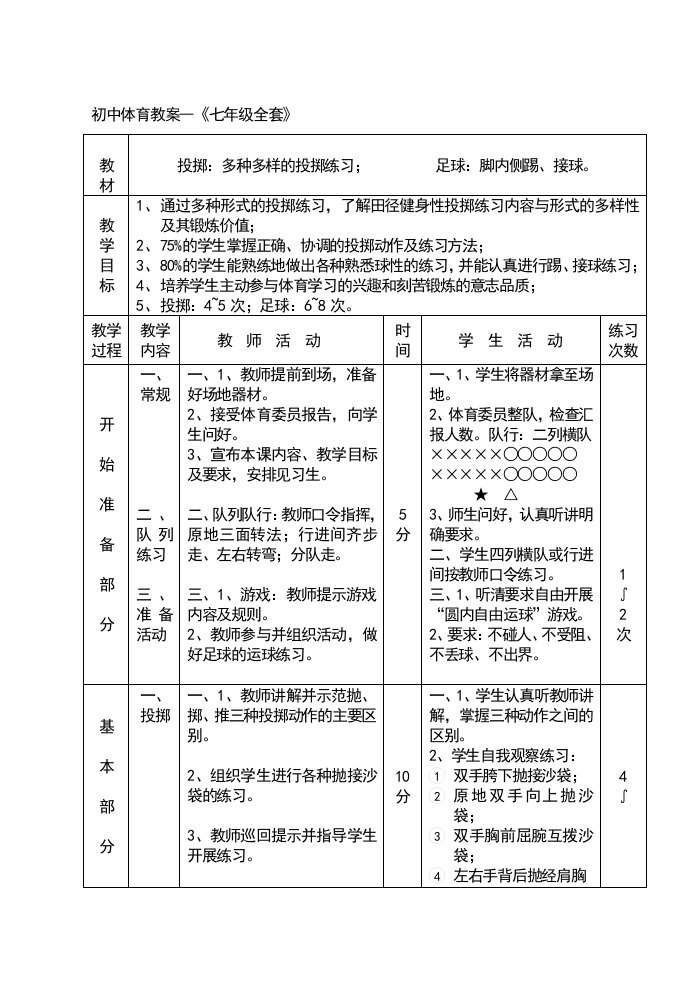 初中体育教案【完整版】七年级