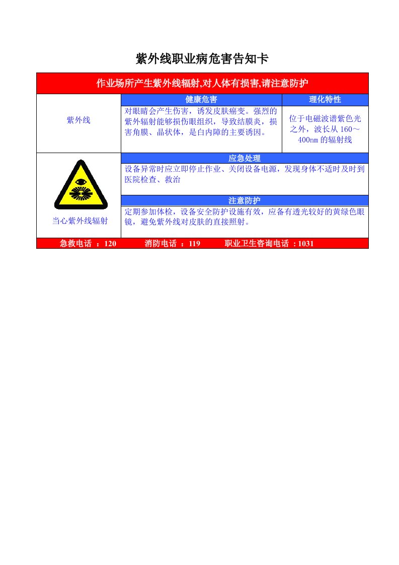 紫外线职业病危害告知卡