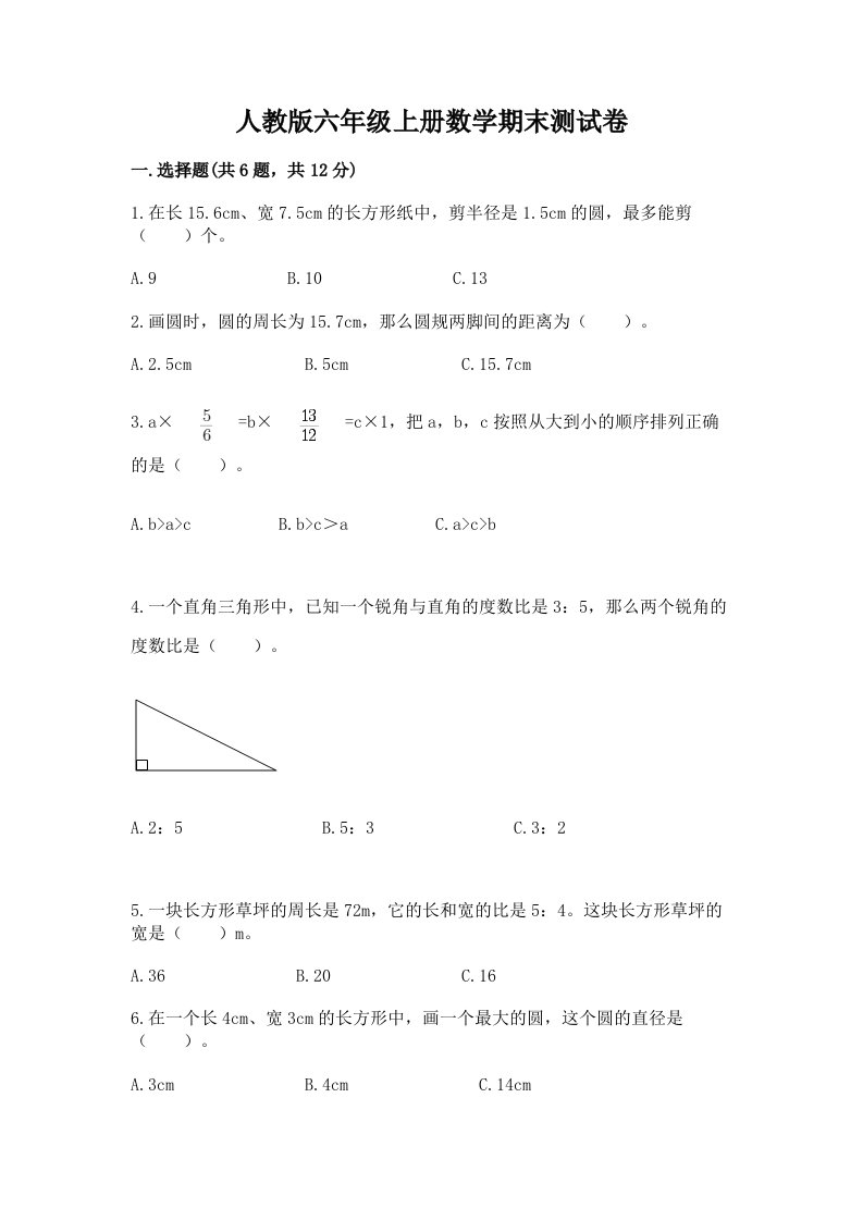 人教版六年级上册数学期末测试卷含完整答案（历年真题）