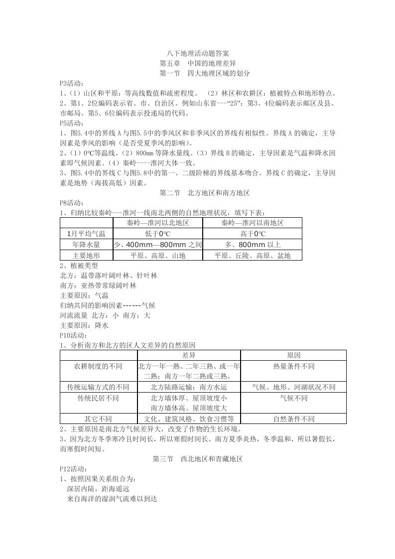 人教版地理八年级上册活动题答案