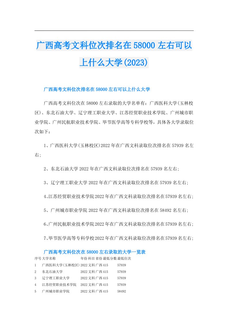 广西高考文科位次排名在58000左右可以上什么大学()