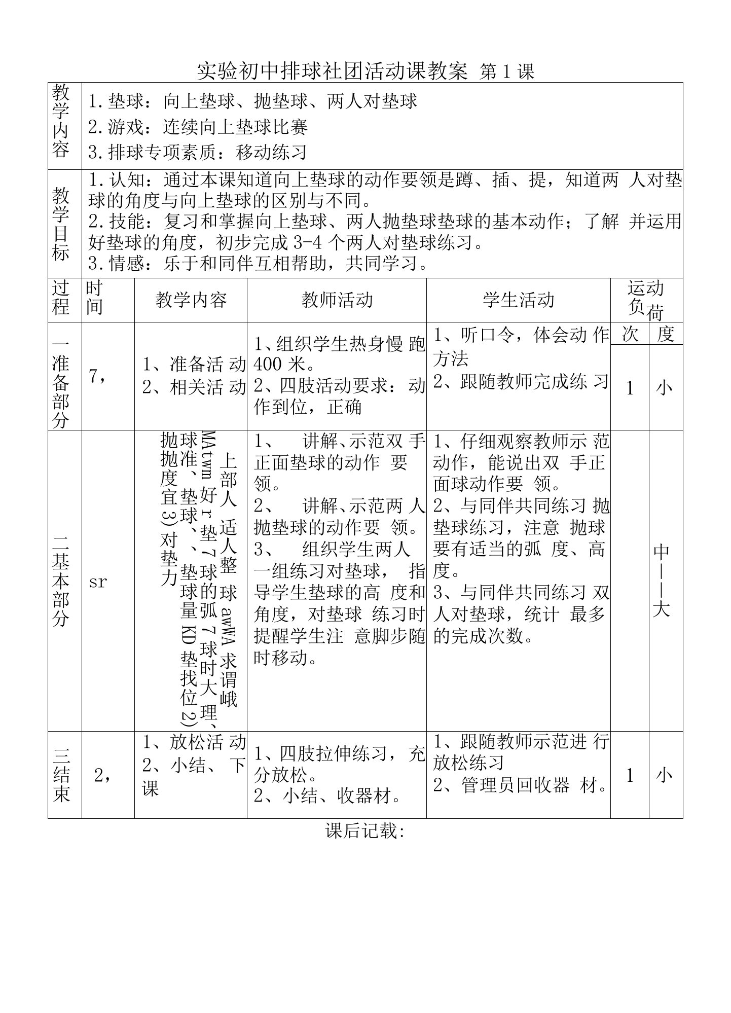 实验初中排球社团活动课教案第1课垫球