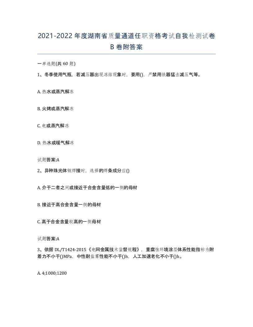 20212022年度湖南省质量通道任职资格考试自我检测试卷B卷附答案