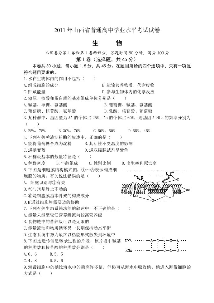 2011年山西省普通高中学业水平考试试卷