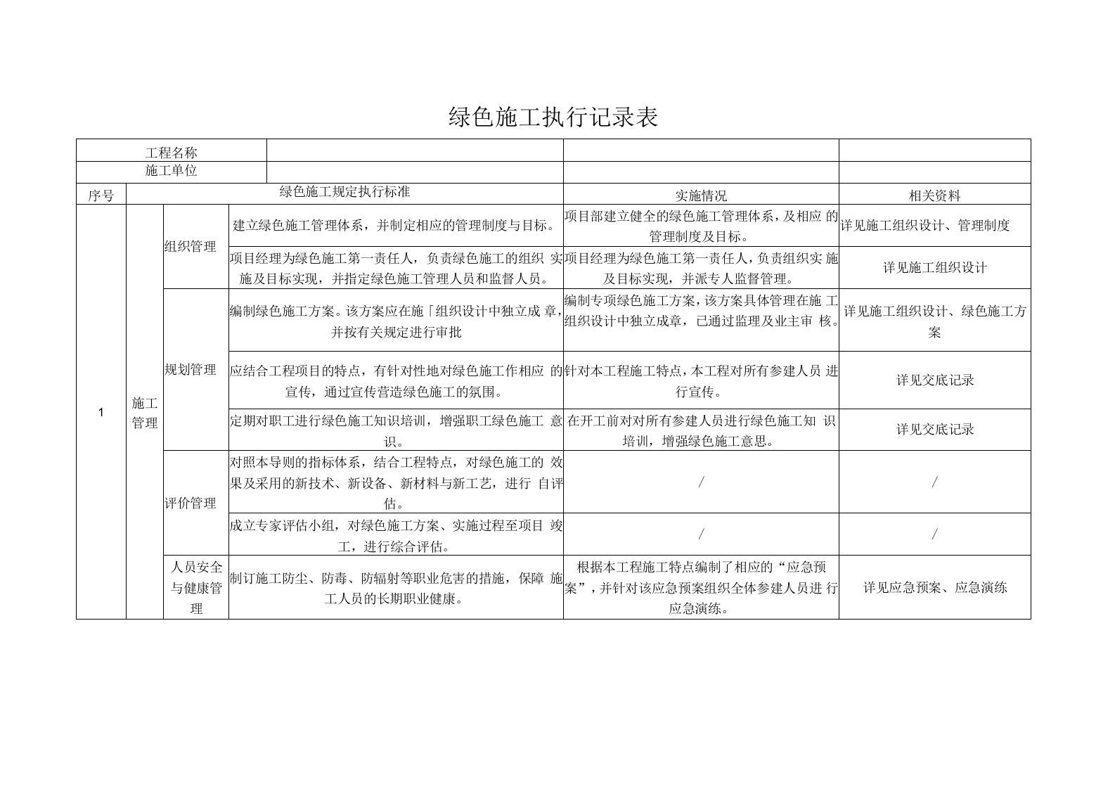 绿色施工执行记录表——基础