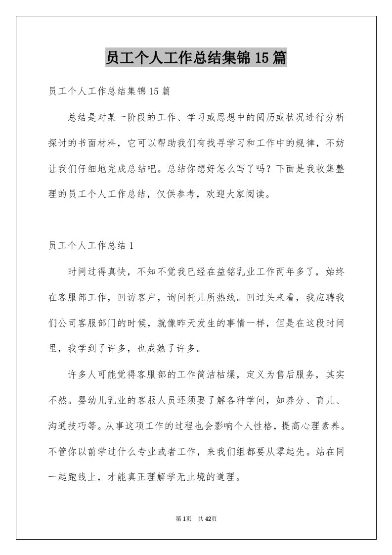 员工个人工作总结集锦15篇例文