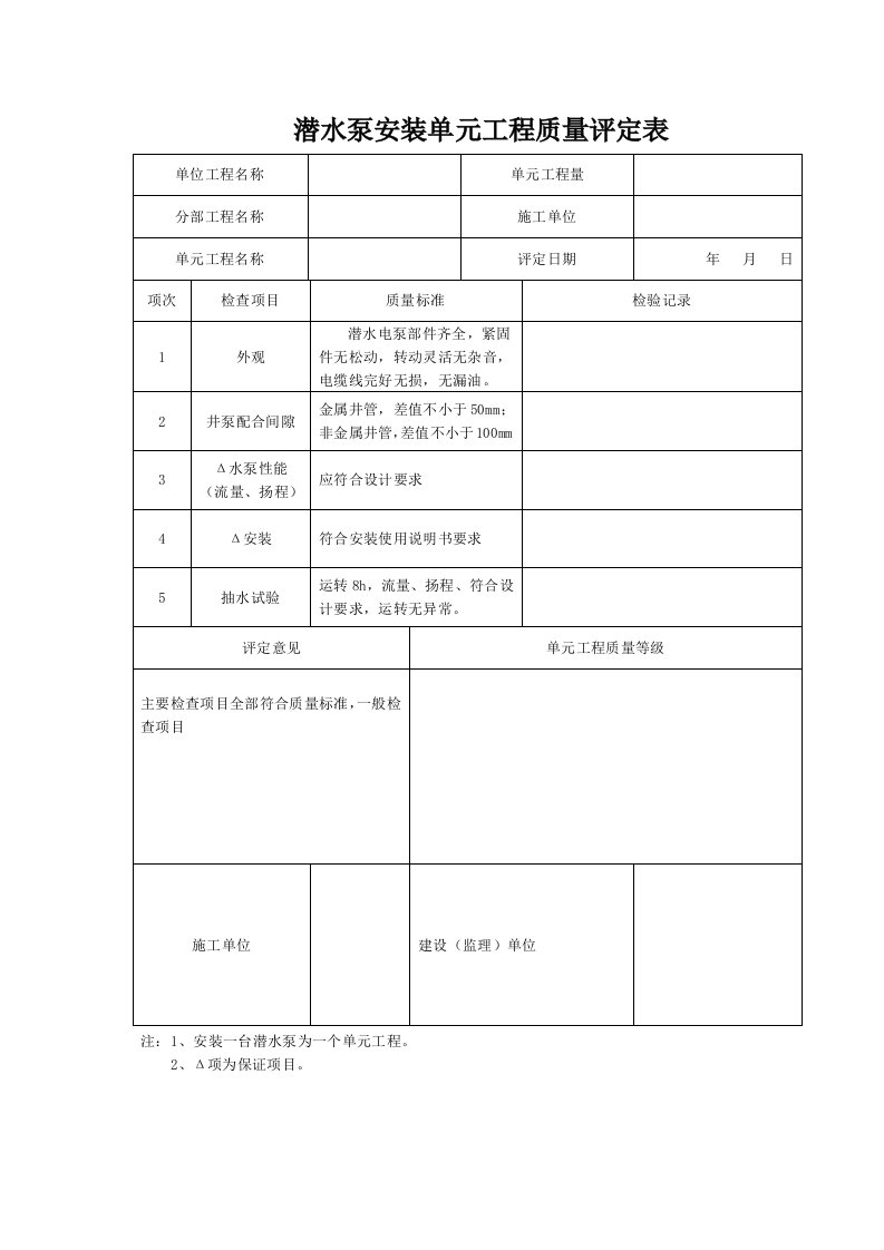 潜水泵安装单元工程质量评定表(全表)