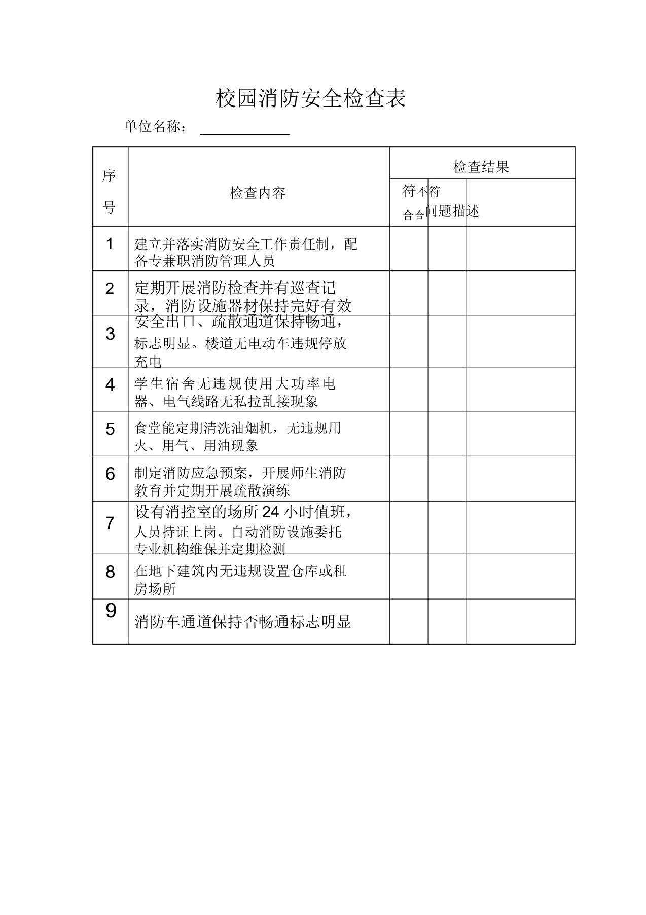 校园消防安全检查表