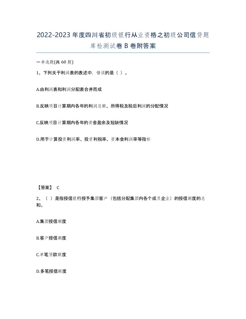 2022-2023年度四川省初级银行从业资格之初级公司信贷题库检测试卷B卷附答案