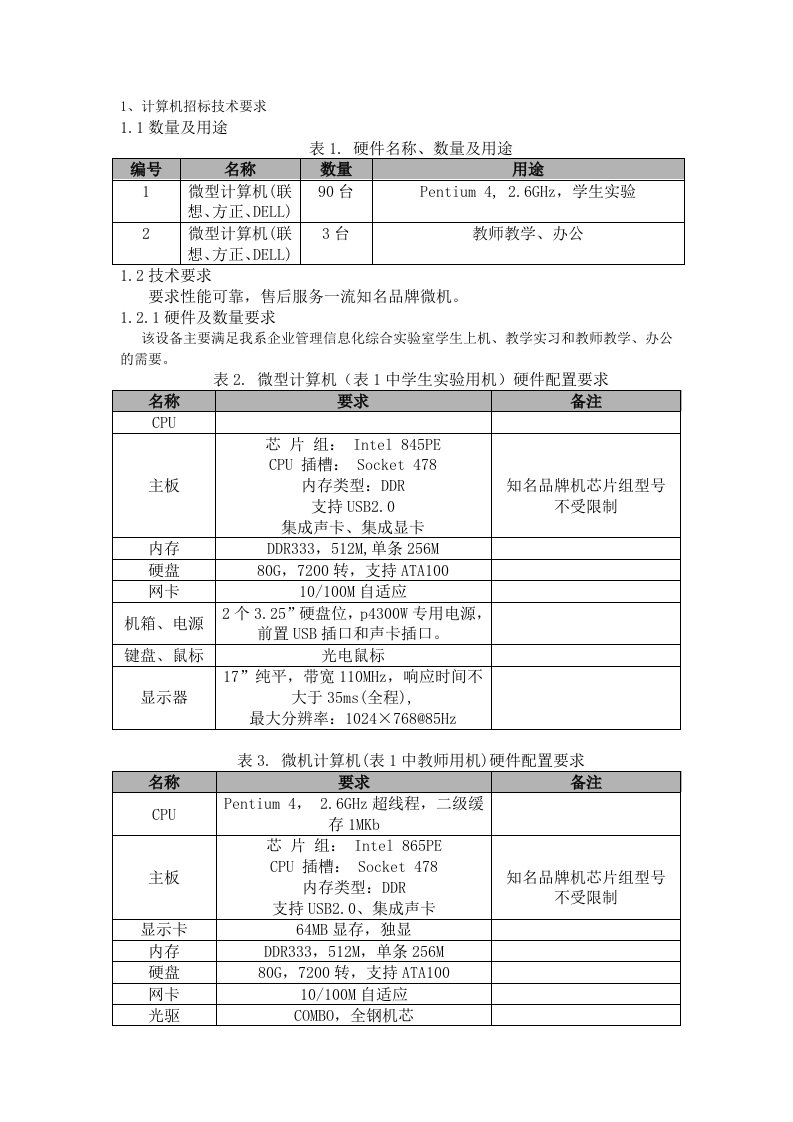 计算机招标技术要求