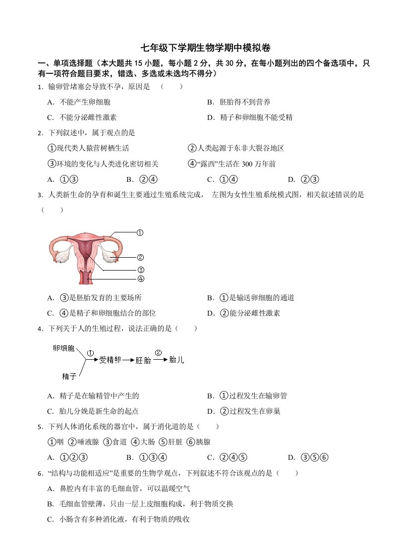 2024年广西七年级下学期生物学期中试卷附答案