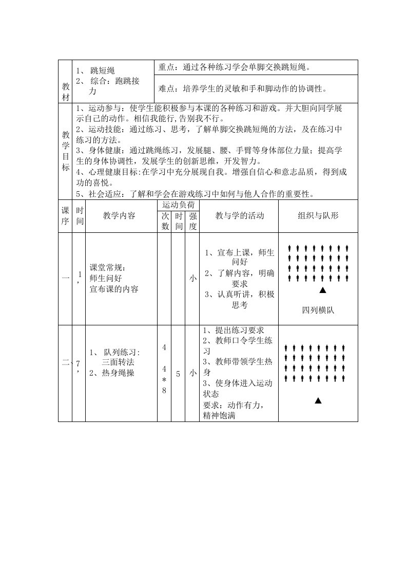 二年级跳绳体育课教案